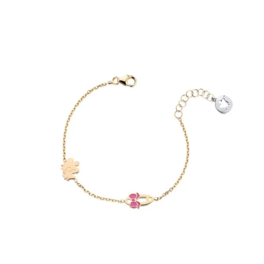 Bracciale bimba con angeli e spilla in oro giallo con fiocco